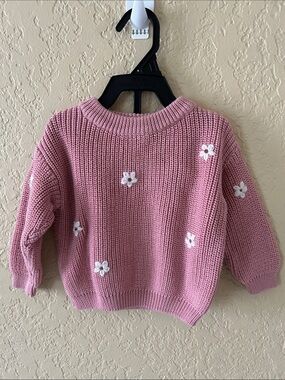 Pink Knit Sweater with White Flower Appliqués, 3-6 months